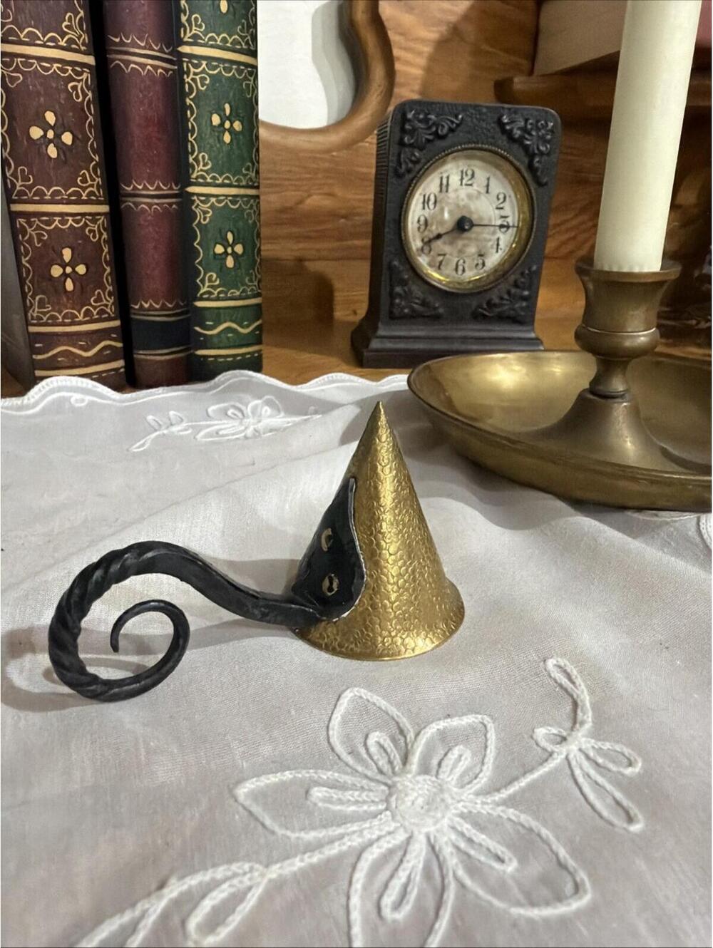 Primitive Hand Forged Curved Iron & Hammered Brass Witch Cone Candle Snuffer
